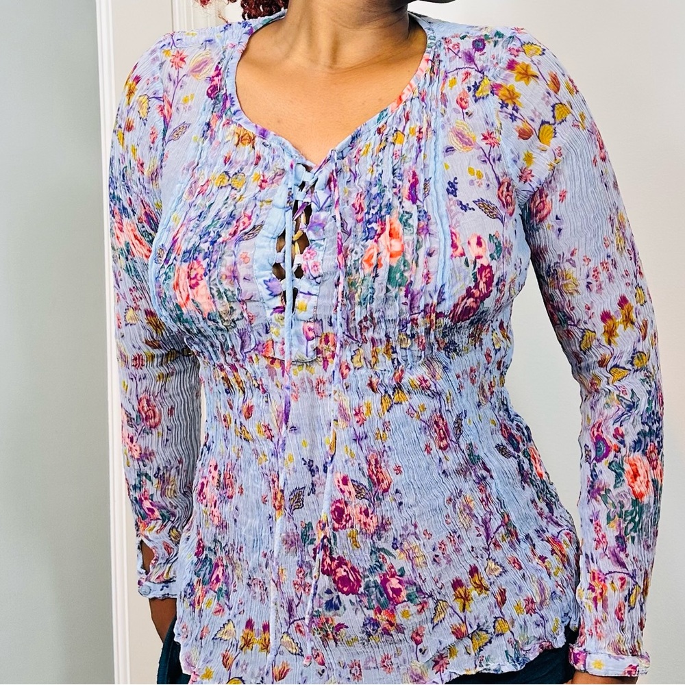 Lucky Brand women’s floral sheer lace up,long sleeve Purple, Pink Smocked Blouse